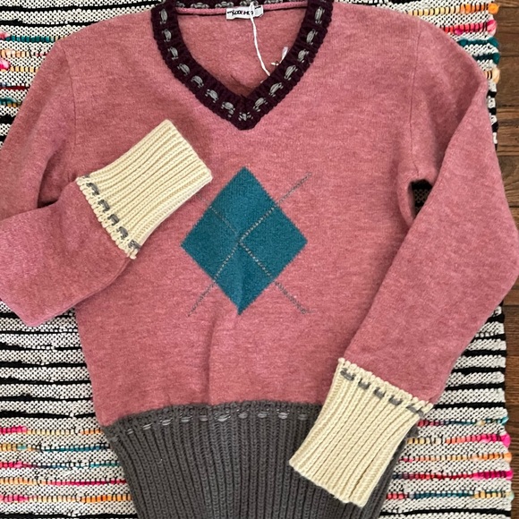 y2k Sweater M Pink Blue Argyle Pastel Preppy Quirky Academia Twee - Picture 2 of 16